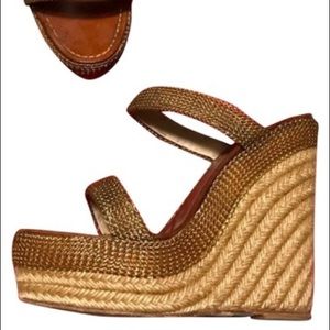 Christian Louboutin Brown Gold Cadena Espadrille Wedge Sandals with Crystals